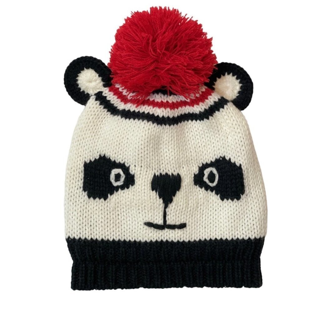 PANDA Winter Hat Toboggan Child's Size 2T—5T White Black Red Pompom Fleece Lined